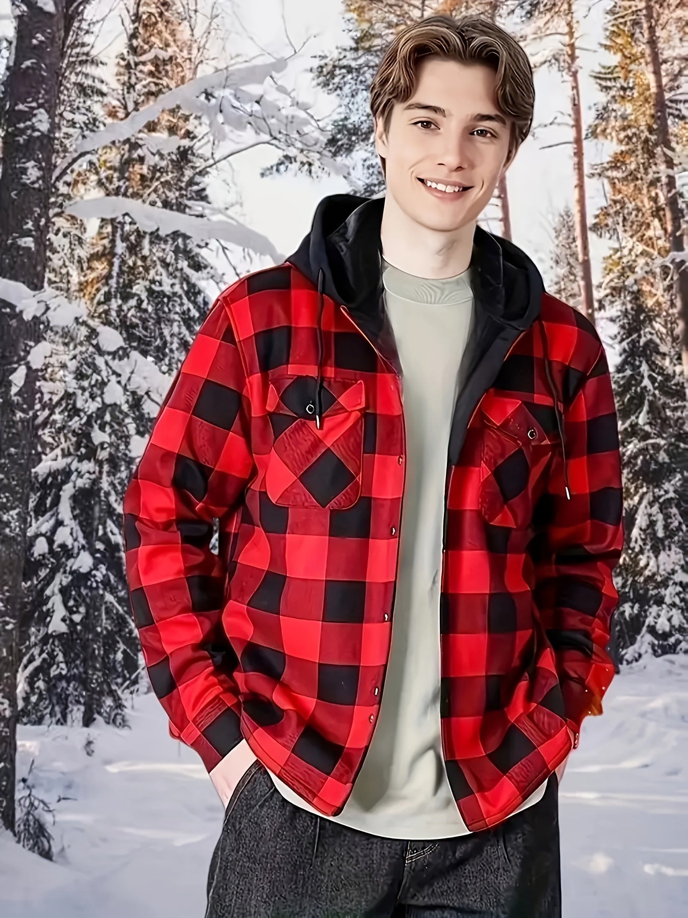 Chaqueta de Cuadros con Capucha para Hombre